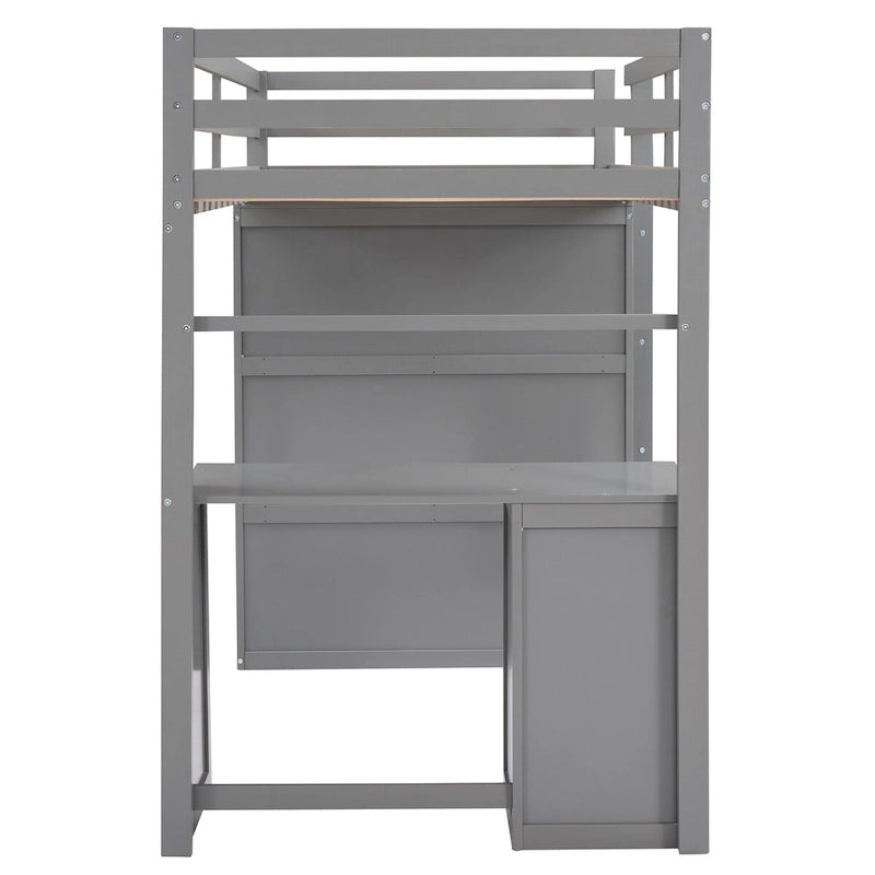 Lit mezzanine multifonction en pin avec bureau, armoire, tiroirs et étagères