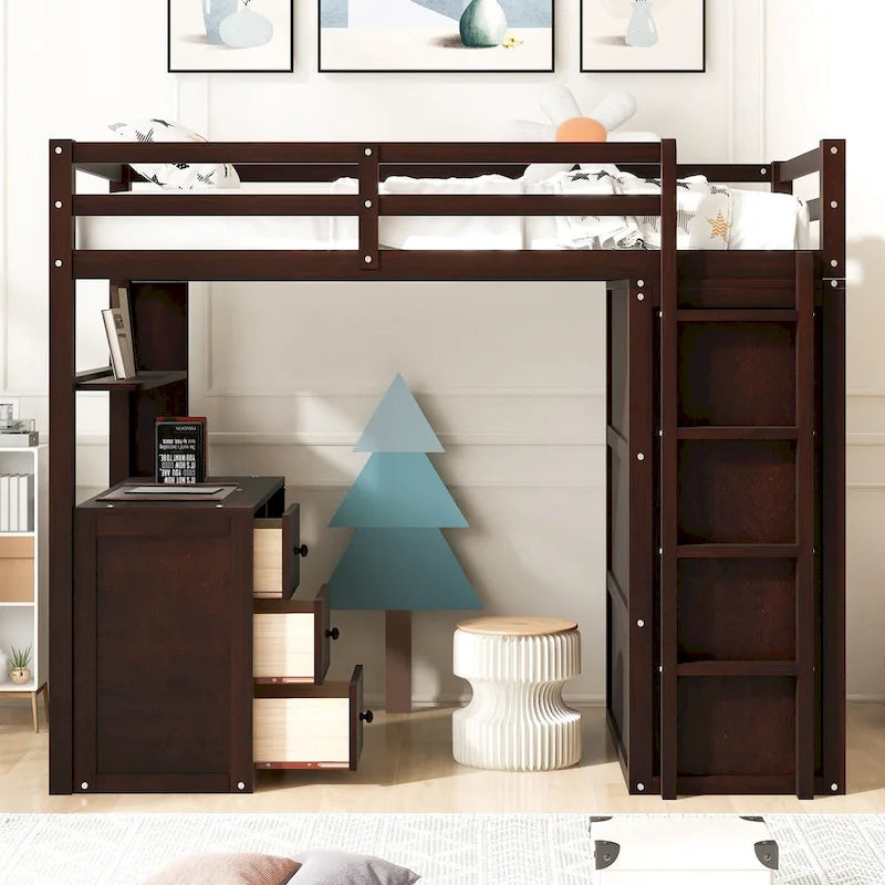 Lit mezzanine multifonction en pin avec bureau, armoire, tiroirs et étagères