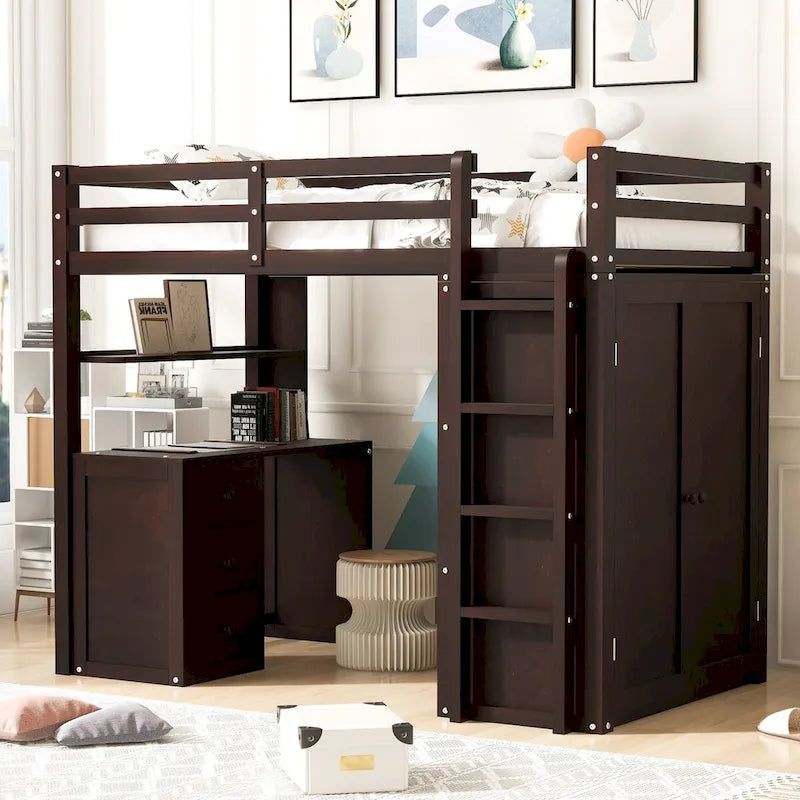 Lit mezzanine multifonction en pin avec bureau, armoire, tiroirs et étagères