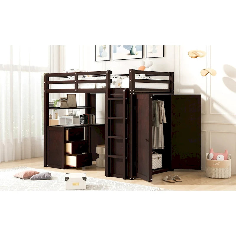 Lit mezzanine multifonction en pin avec bureau, armoire, tiroirs et étagères