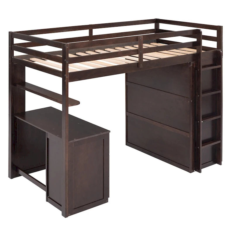 Lit mezzanine multifonction en pin avec bureau, armoire, tiroirs et étagères
