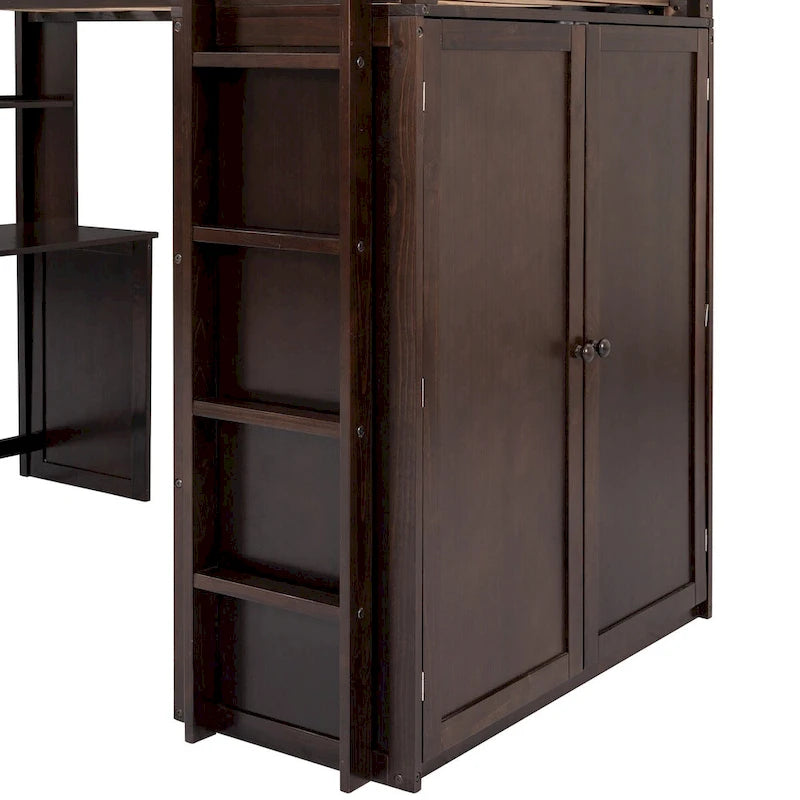 Lit mezzanine multifonction en pin avec bureau, armoire, tiroirs et étagères