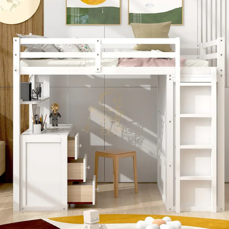 Lit mezzanine multifonction en pin avec bureau, armoire, tiroirs et étagères