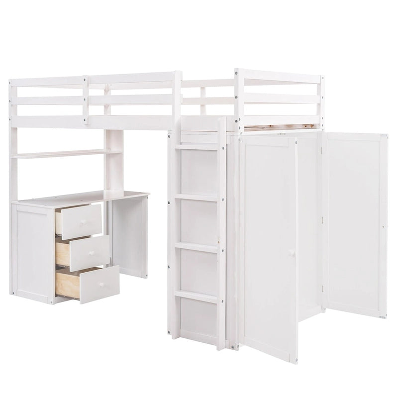 Lit mezzanine multifonction en pin avec bureau, armoire, tiroirs et étagères