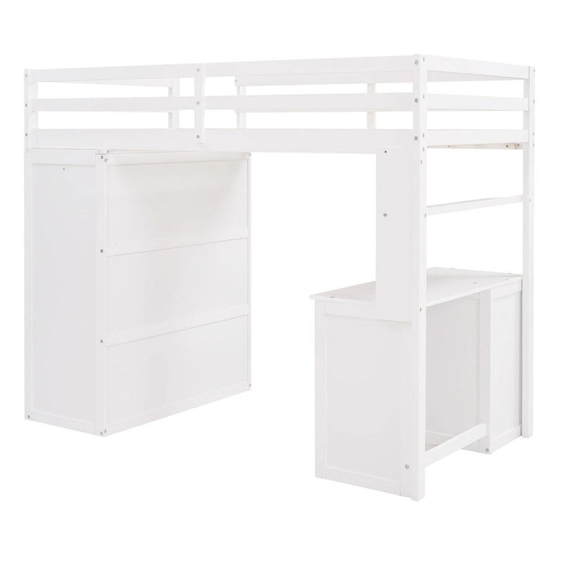 Lit mezzanine multifonction en pin avec bureau, armoire, tiroirs et étagères