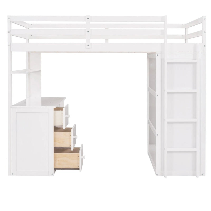 Lit mezzanine multifonction en pin avec bureau, armoire, tiroirs et étagères