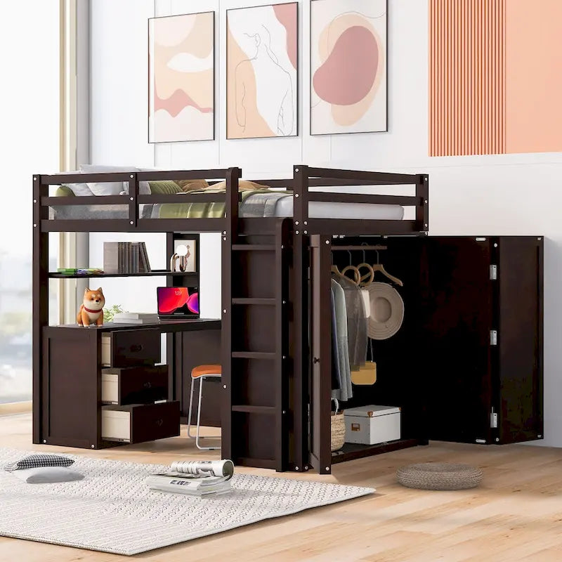 Lit mezzanine multifonction en pin avec bureau, armoire, tiroirs et étagères