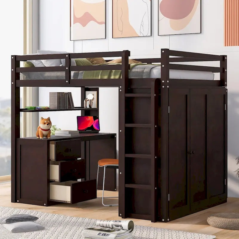 Lit mezzanine multifonction en pin avec bureau, armoire, tiroirs et étagères