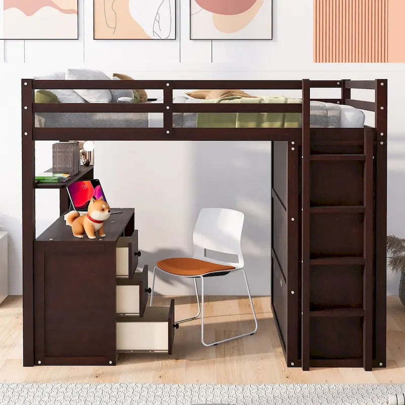 Lit mezzanine multifonction en pin avec bureau, armoire, tiroirs et étagères